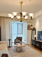Octavia Modern Wood and Glass Chandelier, Eight-Light Gold Accent Pendant for Dining Room and Living Room