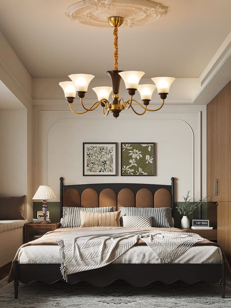 Octavia Modern Wood and Glass Chandelier, Eight-Light Gold Accent Pendant for Dining Room and Living Room