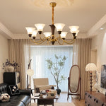 Octavia Modern Wood and Glass Chandelier, Eight-Light Gold Accent Pendant for Dining Room and Living Room