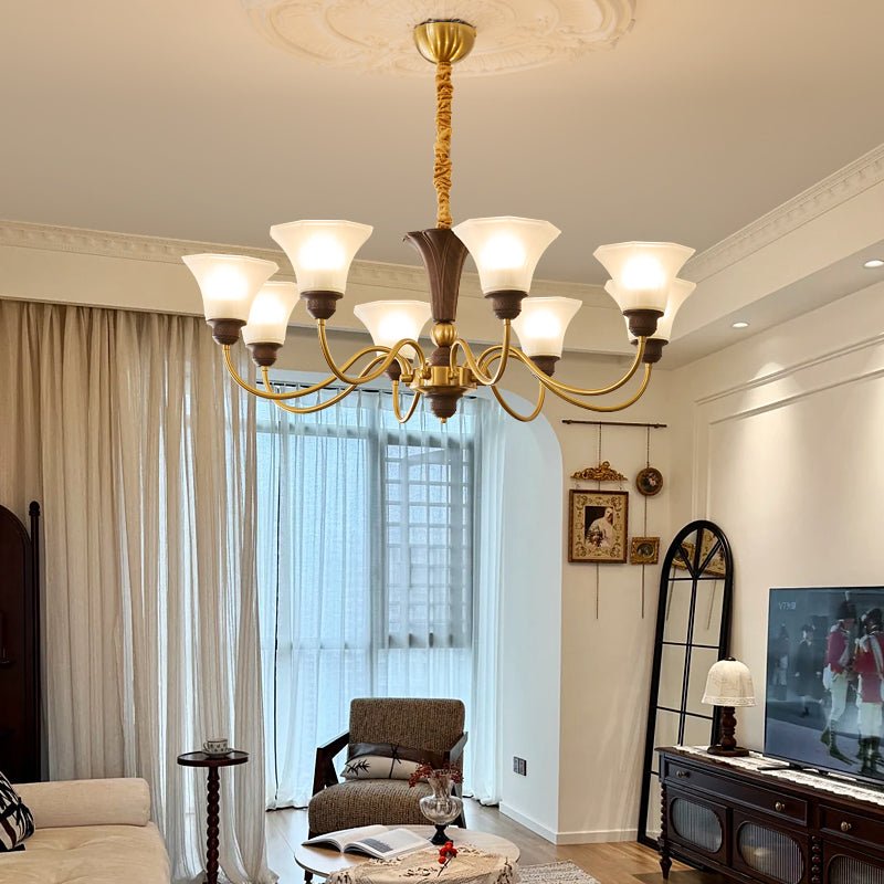 Octavia Modern Wood and Glass Chandelier, Eight-Light Gold Accent Pendant for Dining Room and Living Room