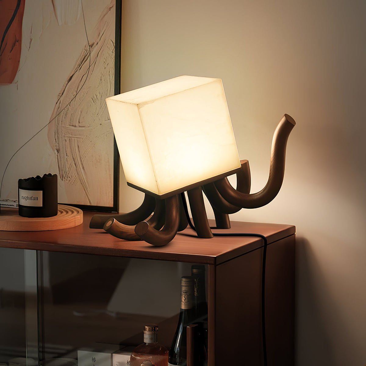 Octavia Sculptural Alabaster Table Lamp with Wooden Base