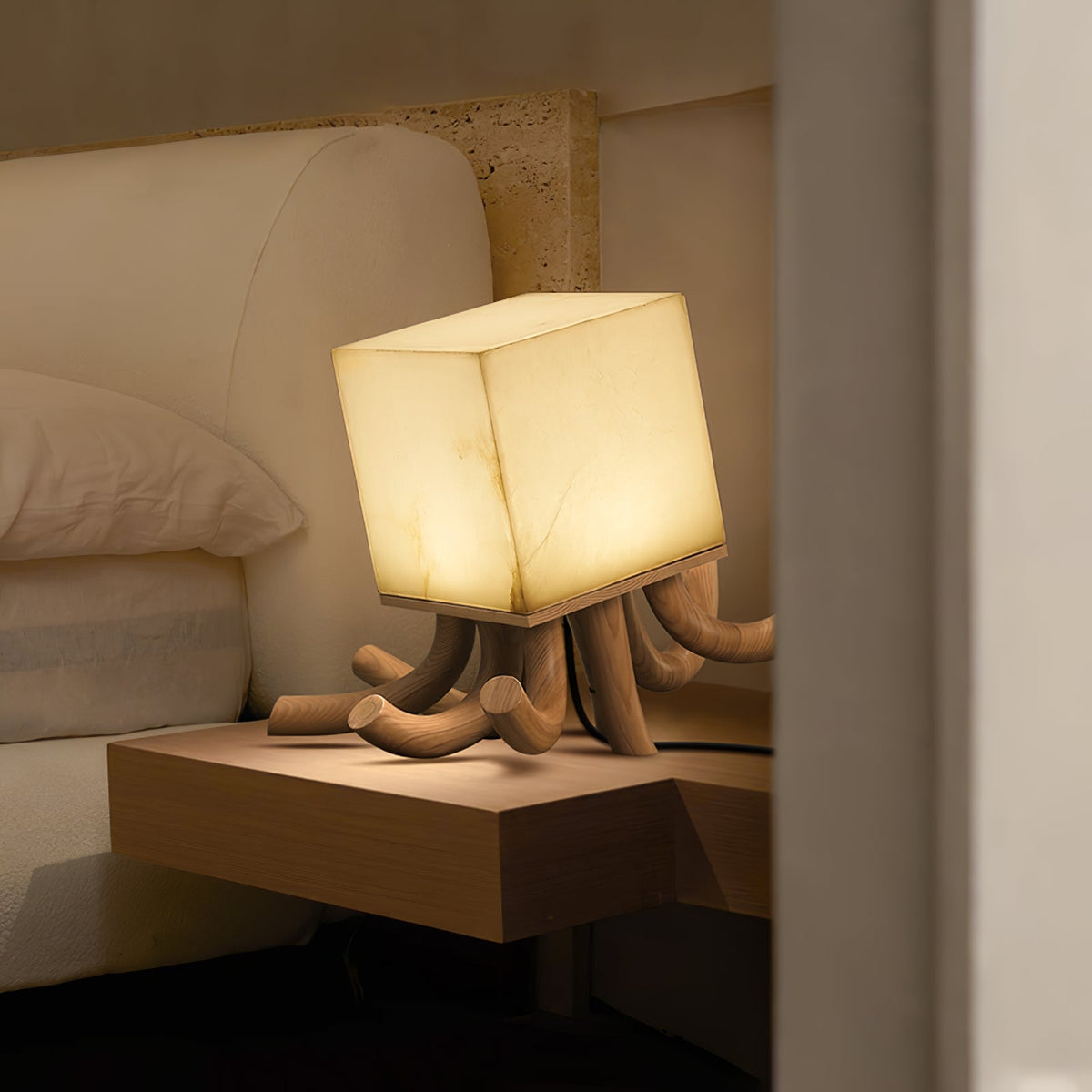 Octavia Sculptural Alabaster Table Lamp with Wooden Base