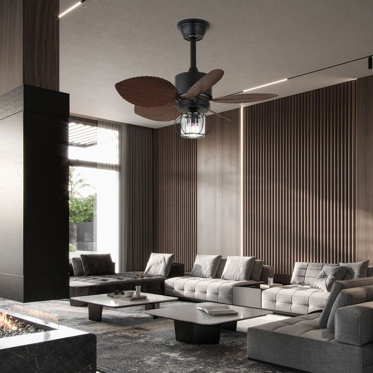 Oliver Gale Ceiling Fan Light with Industrial Cage and Walnut Blades
