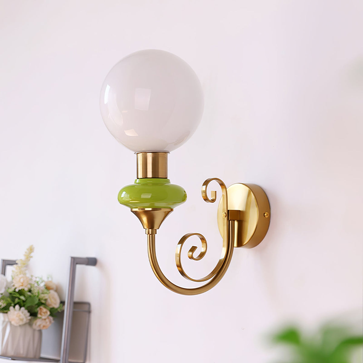 Onyx Plug-in Wall Sconce with Green Glass Shade in Gold Finish