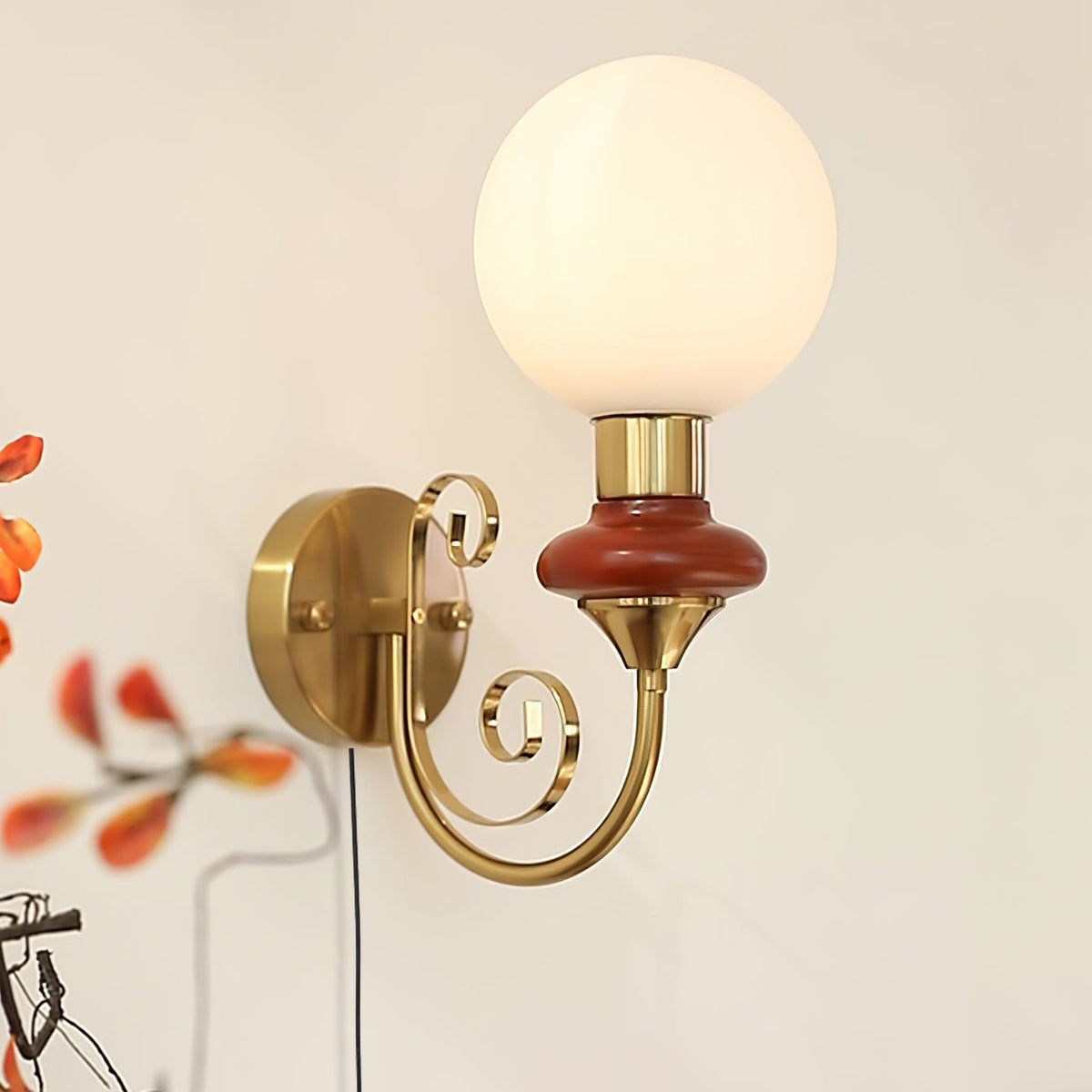 Onyx Plug-in Wall Sconce with Green Glass Shade in Gold Finish
