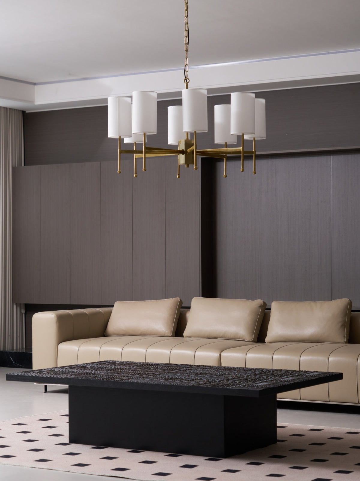 Brass Chandelier with Fabric Shades – Modern Luxury Lighting for Dining and Living Rooms