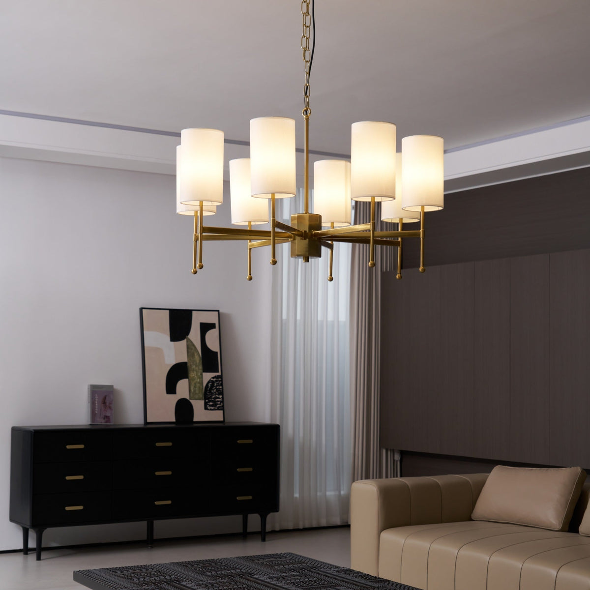 Brass Chandelier with Fabric Shades – Modern Luxury Lighting for Dining and Living Rooms