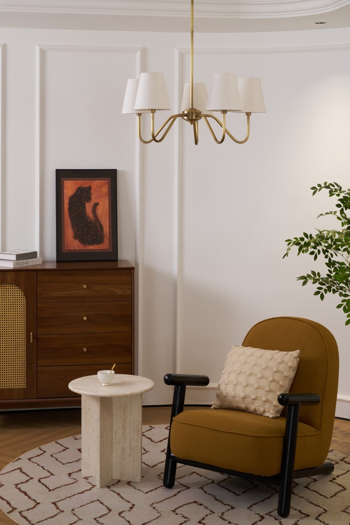 Opaluxe Brass Chandelier – Six-Light Designer Ceiling Light with Fabric Shades