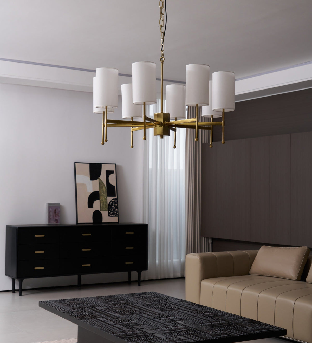 Brass Chandelier with Fabric Shades – Modern Luxury Lighting for Dining and Living Rooms
