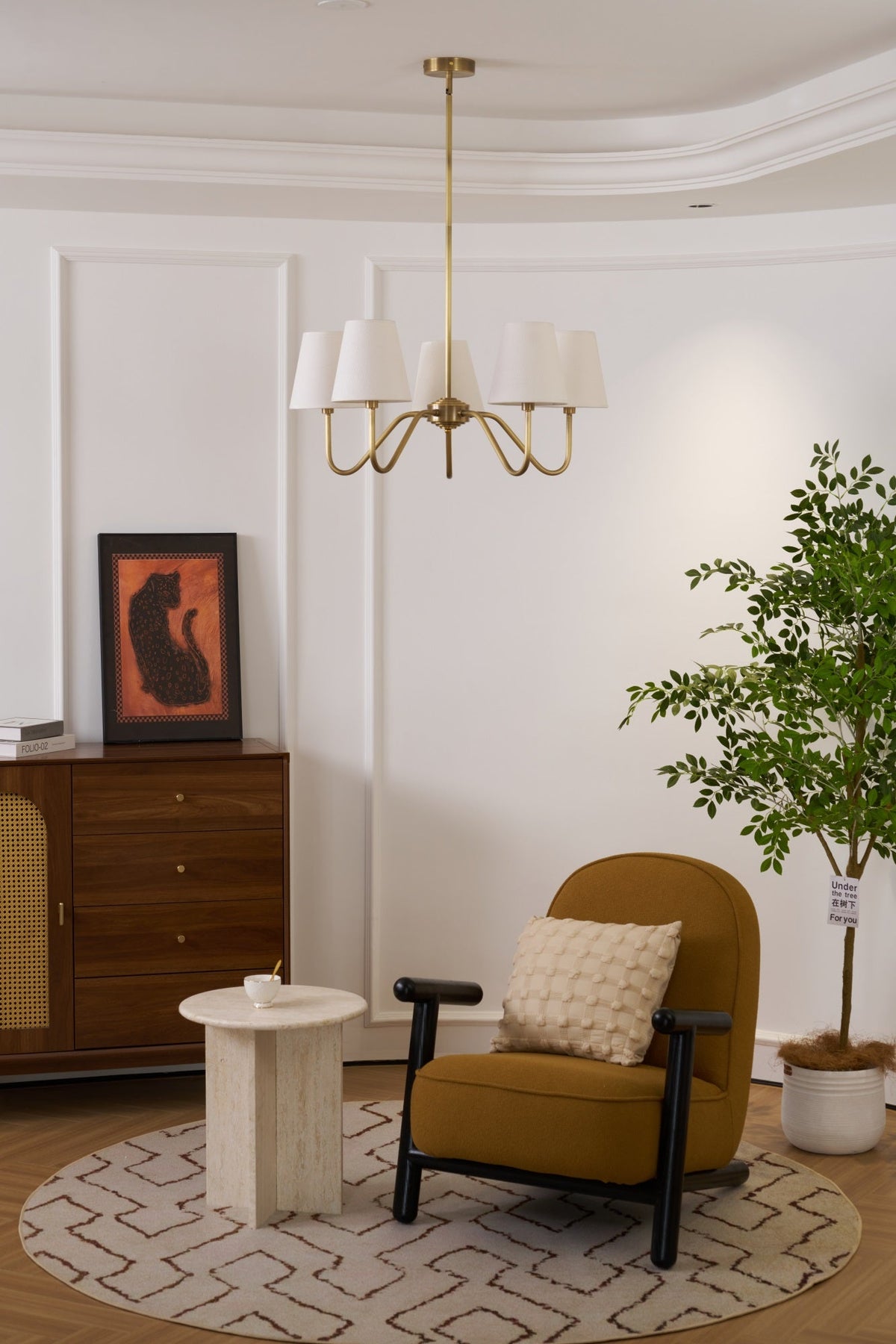 Opaluxe Brass Chandelier – Six-Light Designer Ceiling Light with Fabric Shades