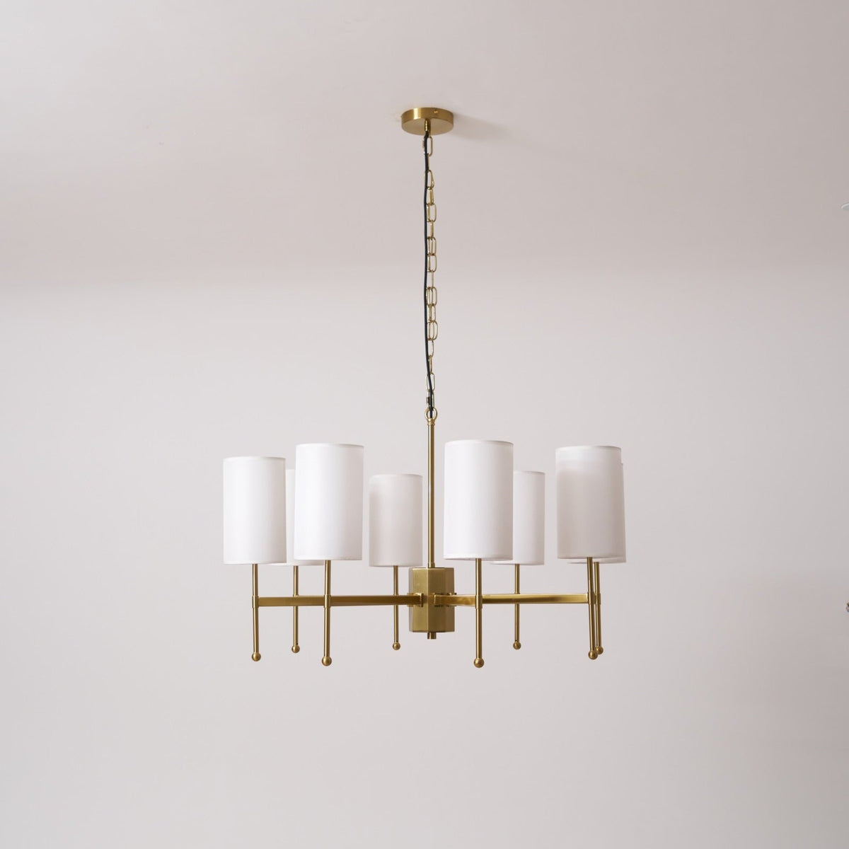 Brass Chandelier with Fabric Shades – Modern Luxury Lighting for Dining and Living Rooms