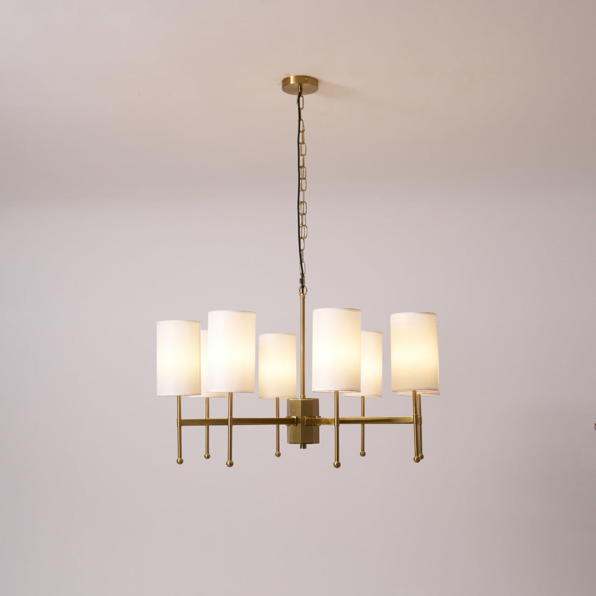 Brass Chandelier with Fabric Shades – Modern Luxury Lighting for Dining and Living Rooms