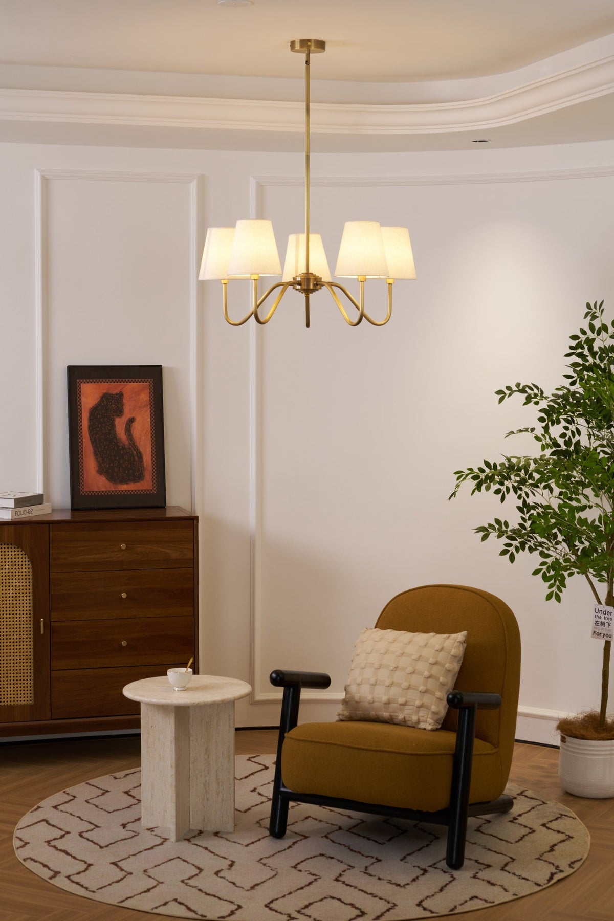 Opaluxe Brass Chandelier – Six-Light Designer Ceiling Light with Fabric Shades