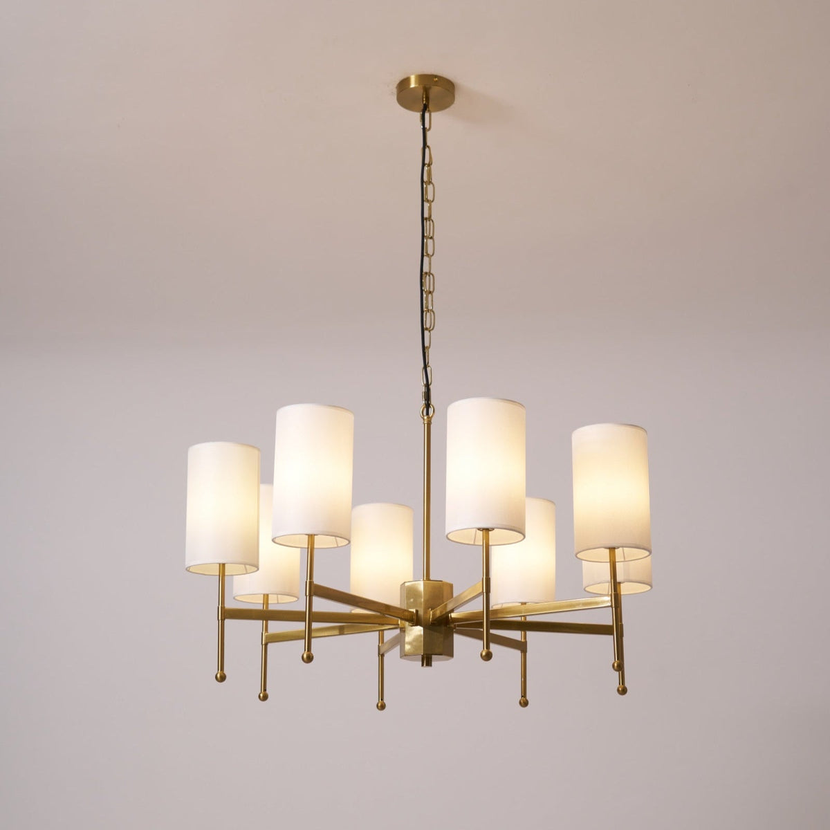 Brass Chandelier with Fabric Shades – Modern Luxury Lighting for Dining and Living Rooms