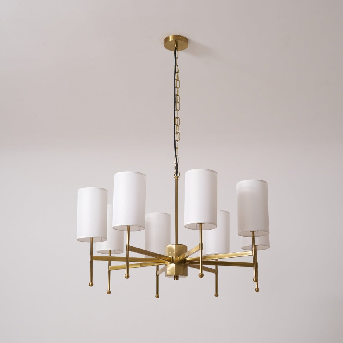 Brass Chandelier with Fabric Shades – Modern Luxury Lighting for Dining and Living Rooms