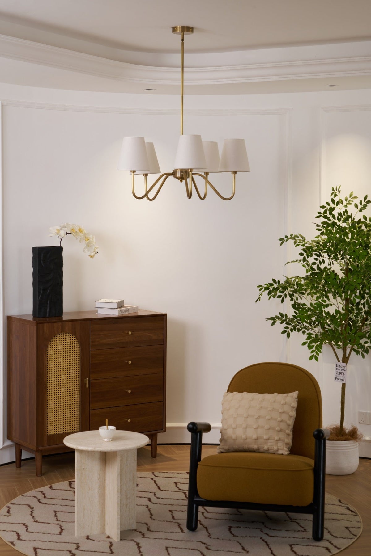 Opaluxe Brass Chandelier – Six-Light Designer Ceiling Light with Fabric Shades