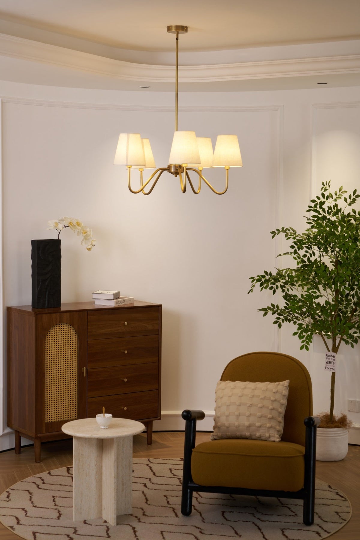 Opaluxe Brass Chandelier – Six-Light Designer Ceiling Light with Fabric Shades