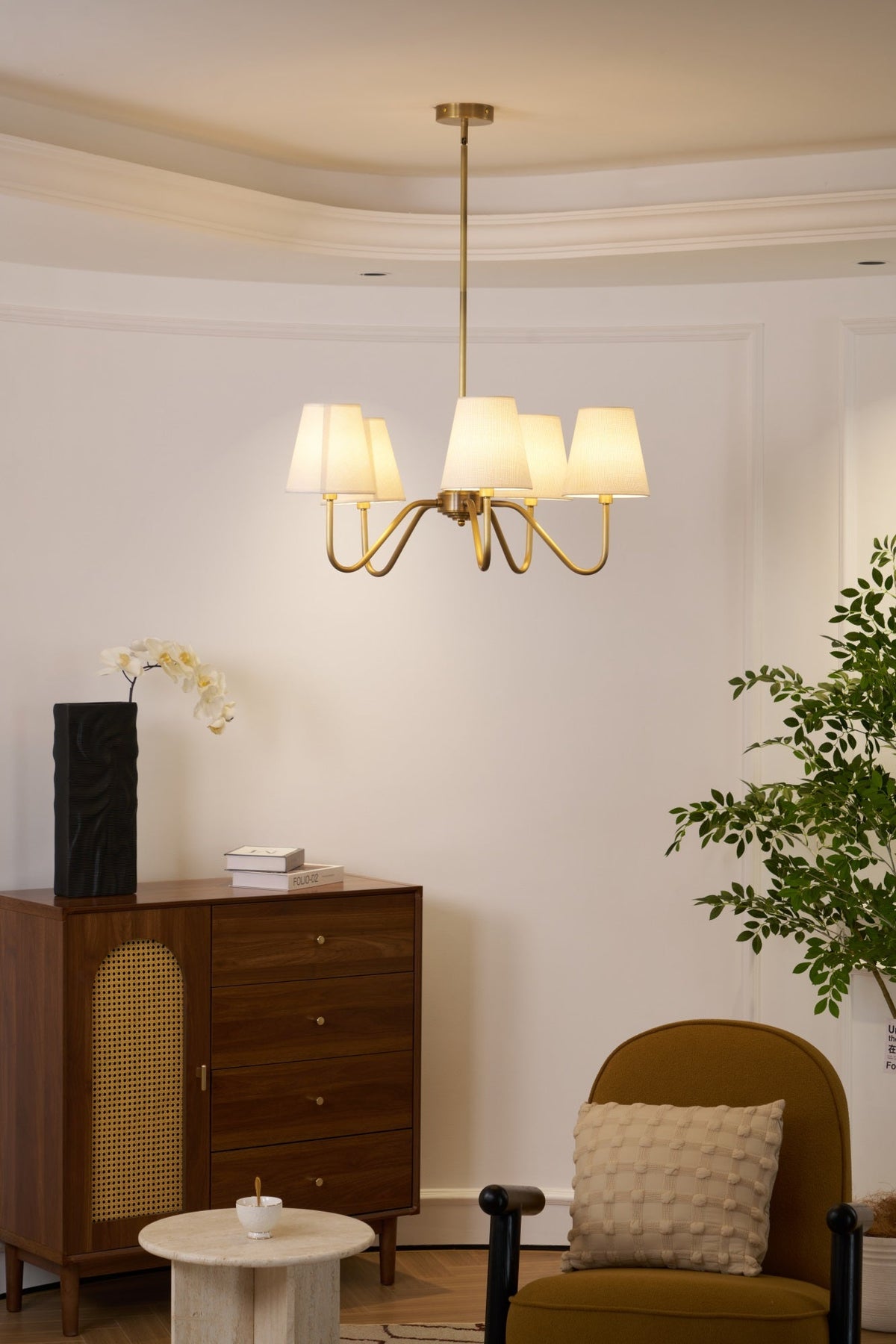 Opaluxe Brass Chandelier – Six-Light Designer Ceiling Light with Fabric Shades