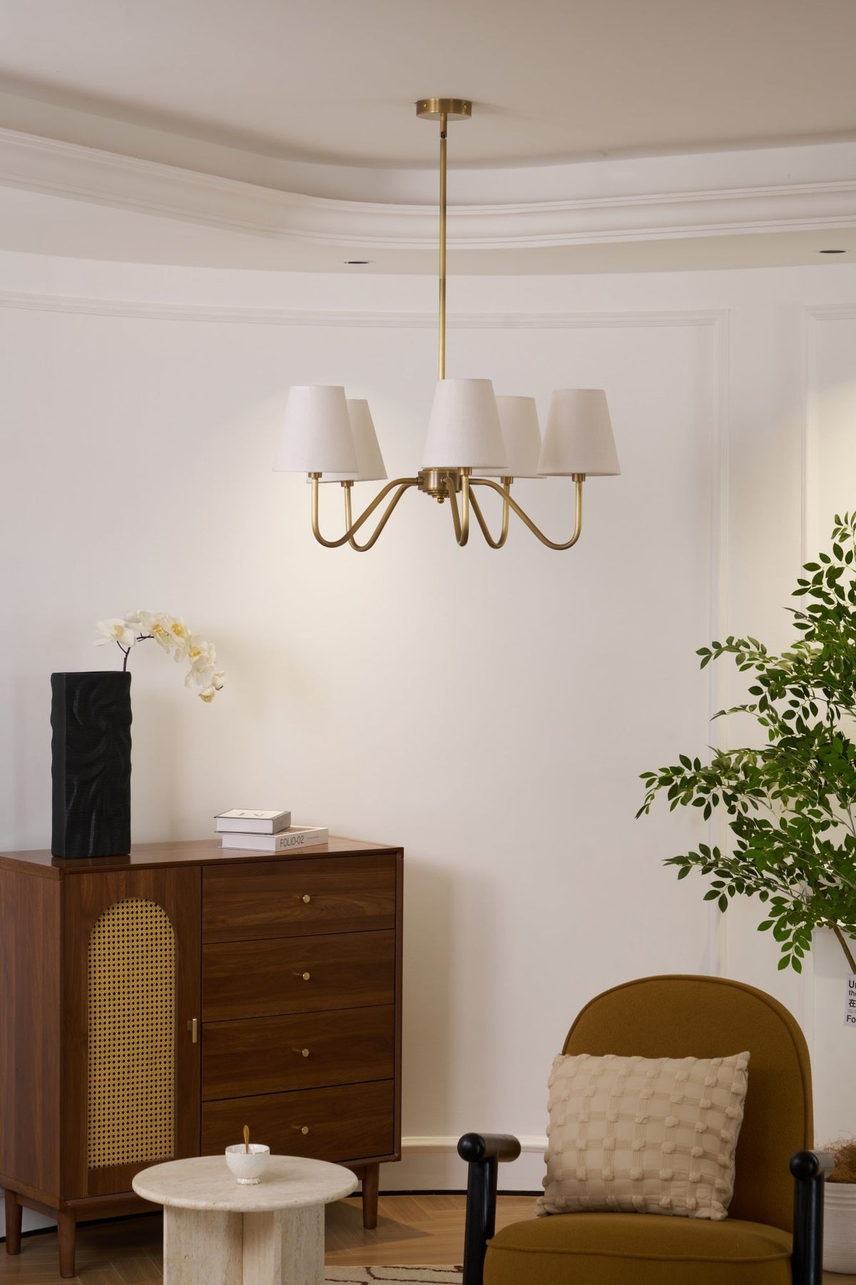 Opaluxe Brass Chandelier – Six-Light Designer Ceiling Light with Fabric Shades