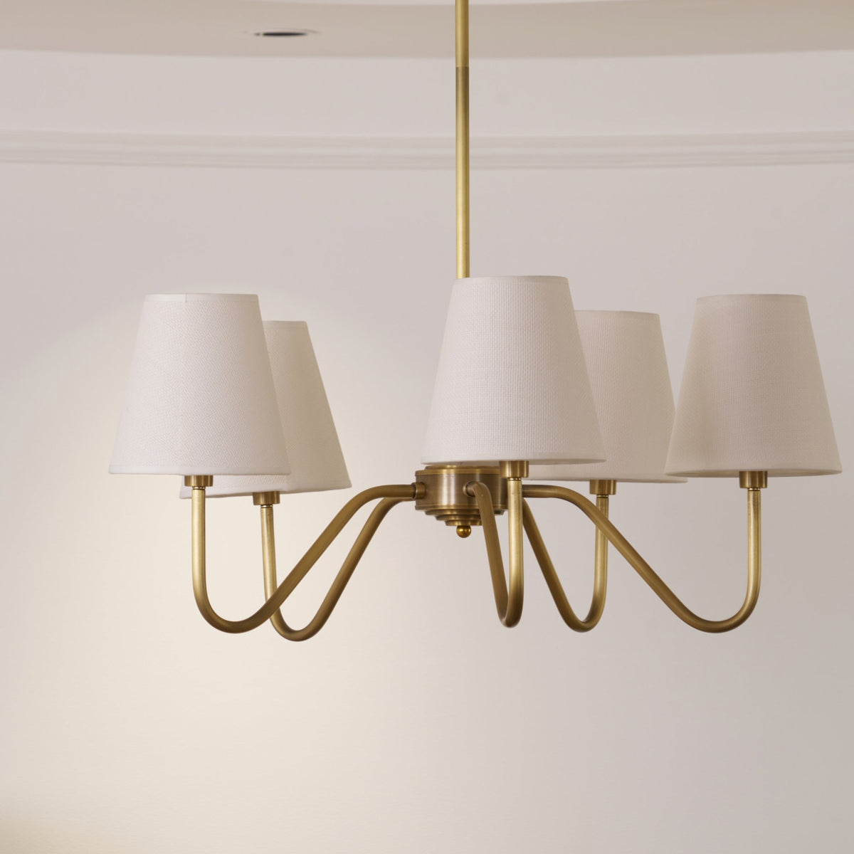 Opaluxe Brass Chandelier – Six-Light Designer Ceiling Light with Fabric Shades