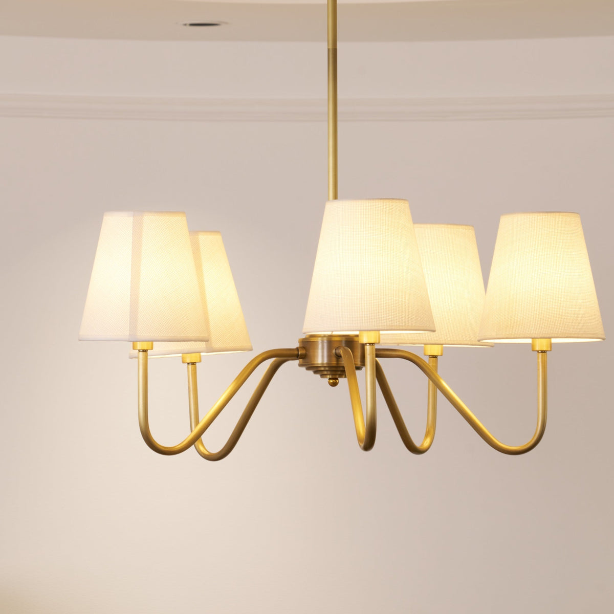 Opaluxe Brass Chandelier – Six-Light Designer Ceiling Light with Fabric Shades