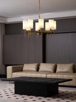 Brass Chandelier with Fabric Shades – Modern Luxury Lighting for Dining and Living Rooms