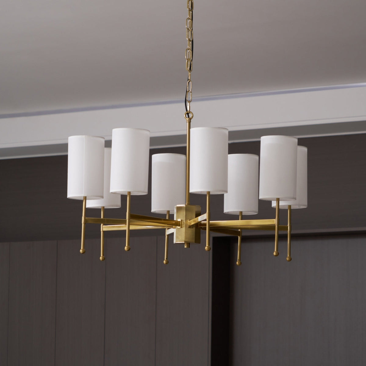 Brass Chandelier with Fabric Shades – Modern Luxury Lighting for Dining and Living Rooms