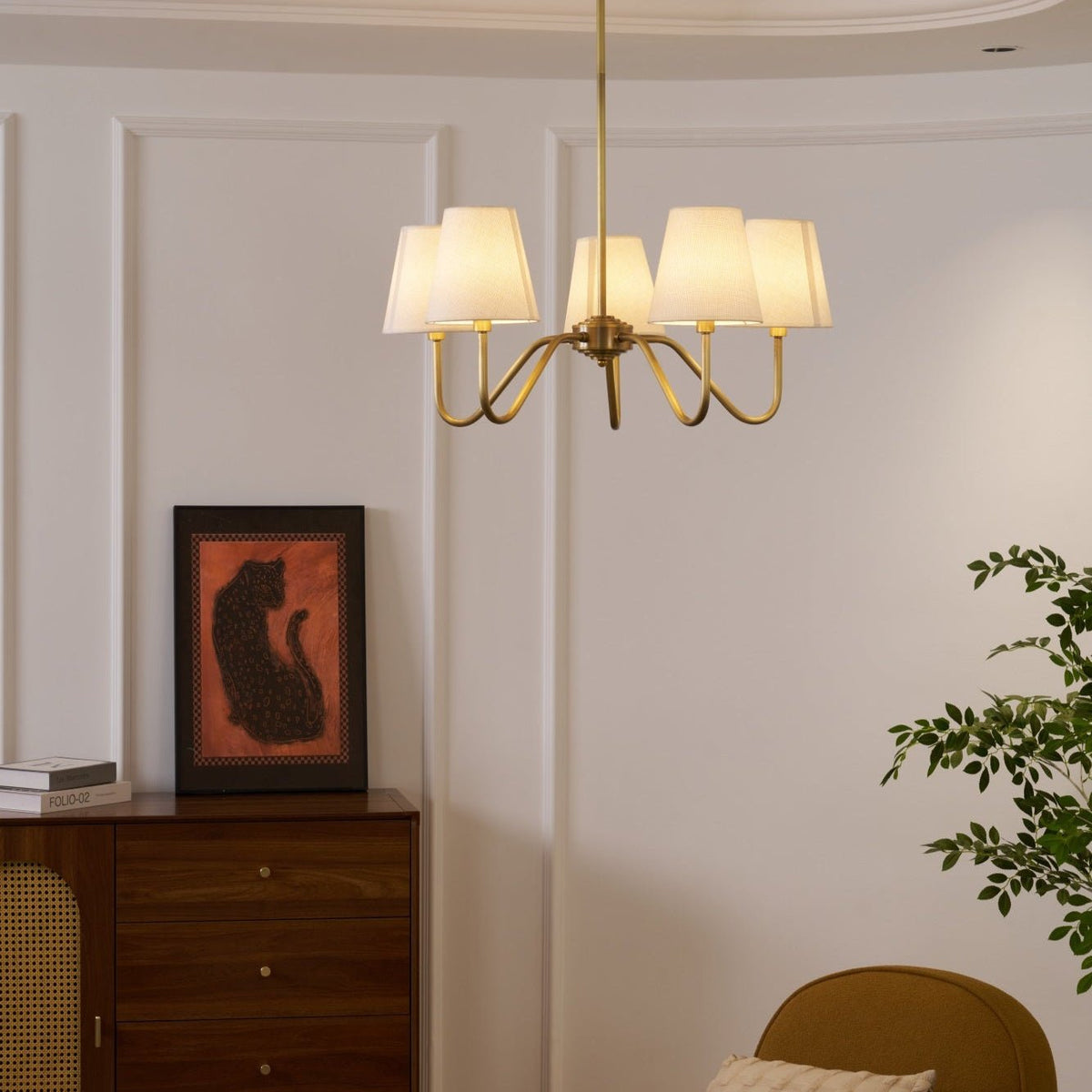 Opaluxe Brass Chandelier – Six-Light Designer Ceiling Light with Fabric Shades