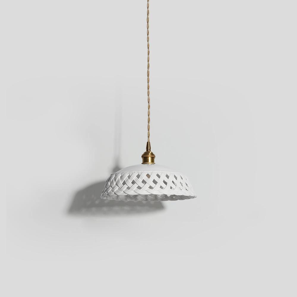 Artisan Ceramic Pendant Light with Brass Accents, Handwoven Openwork Shade