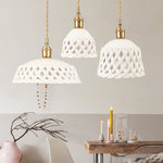 Artisan Ceramic Pendant Light with Brass Accents, Handwoven Openwork Shade