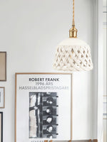 Artisan Ceramic Pendant Light with Brass Accents, Handwoven Openwork Shade