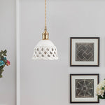 Artisan Ceramic Pendant Light with Brass Accents, Handwoven Openwork Shade