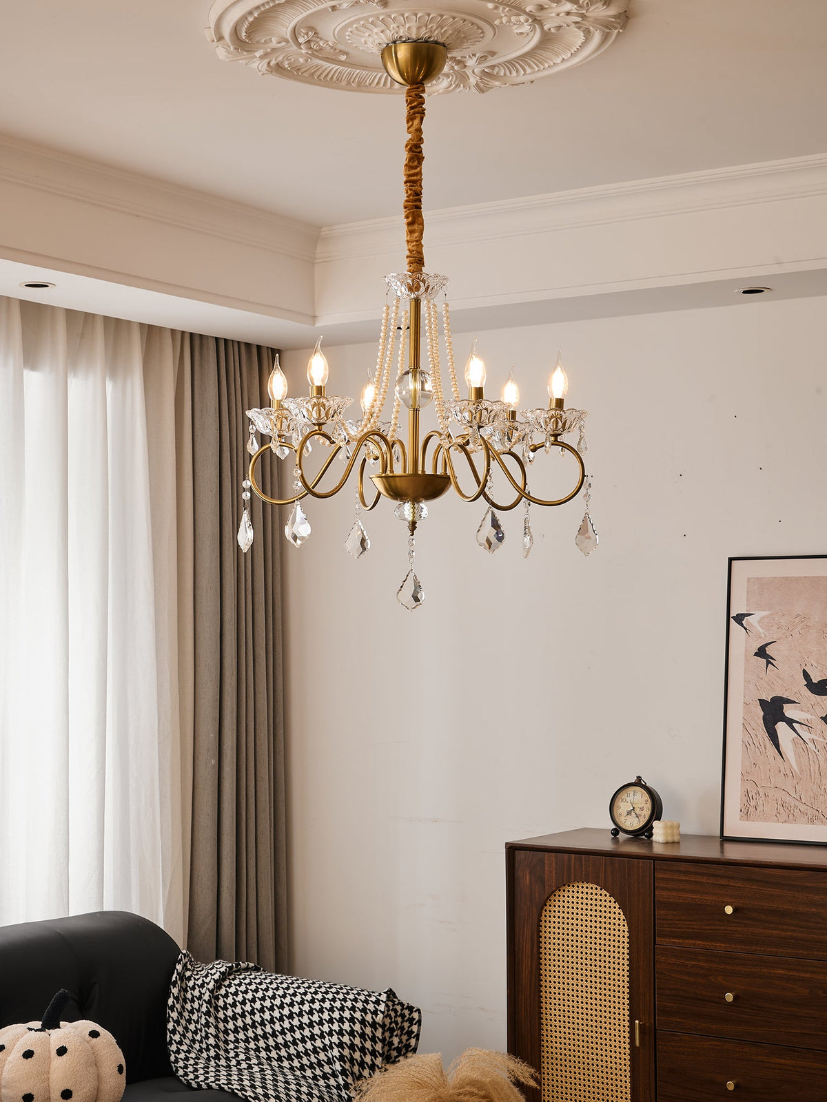 Opulent Pearl Crystal Chandelier with Copper Accents for Elegant Interiors