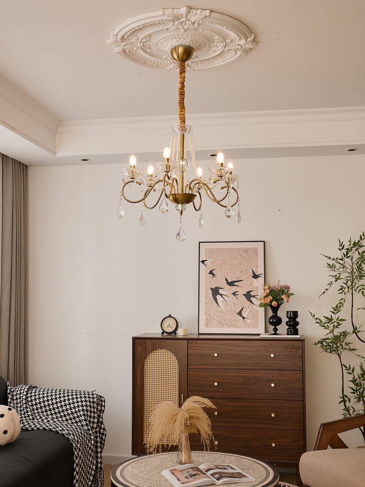 Opulent Pearl Crystal Chandelier with Copper Accents for Elegant Interiors