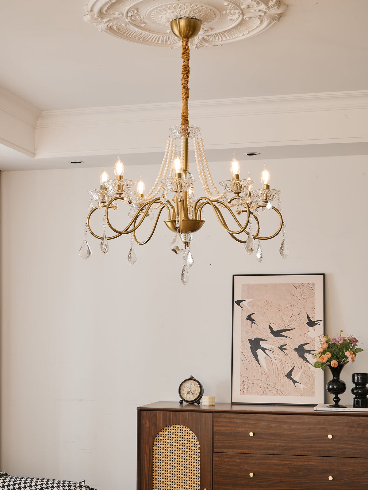 Opulent Pearl Crystal Chandelier with Copper Accents for Elegant Interiors