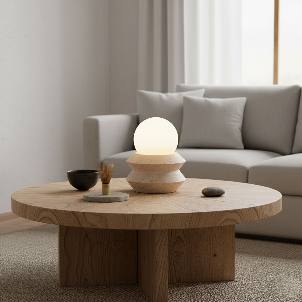 Ora Lithos Portable Table Lamp in Travertine with Opal Glass Shade