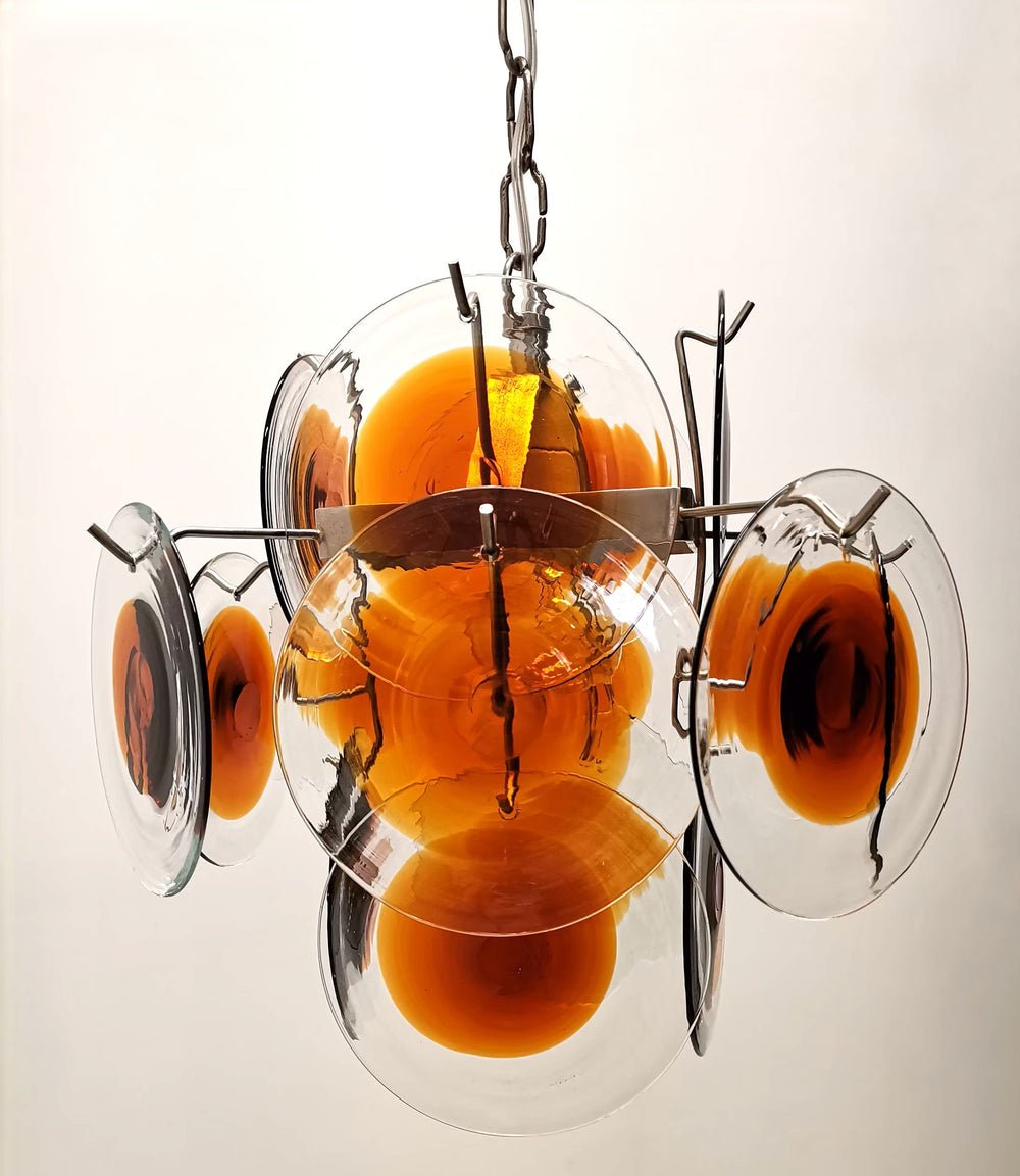 Mazzega Vistosi Style Hand-Blown Amber Glass Chandelier in Nickel