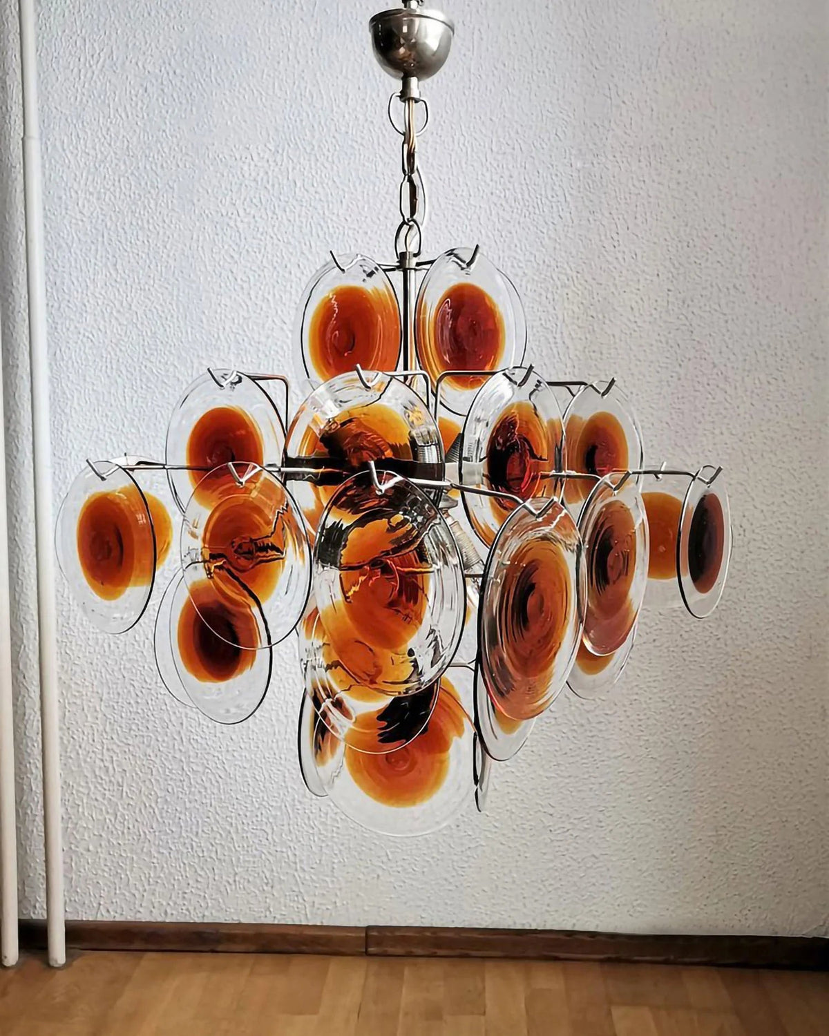 Mazzega Vistosi Style Hand-Blown Amber Glass Chandelier in Nickel
