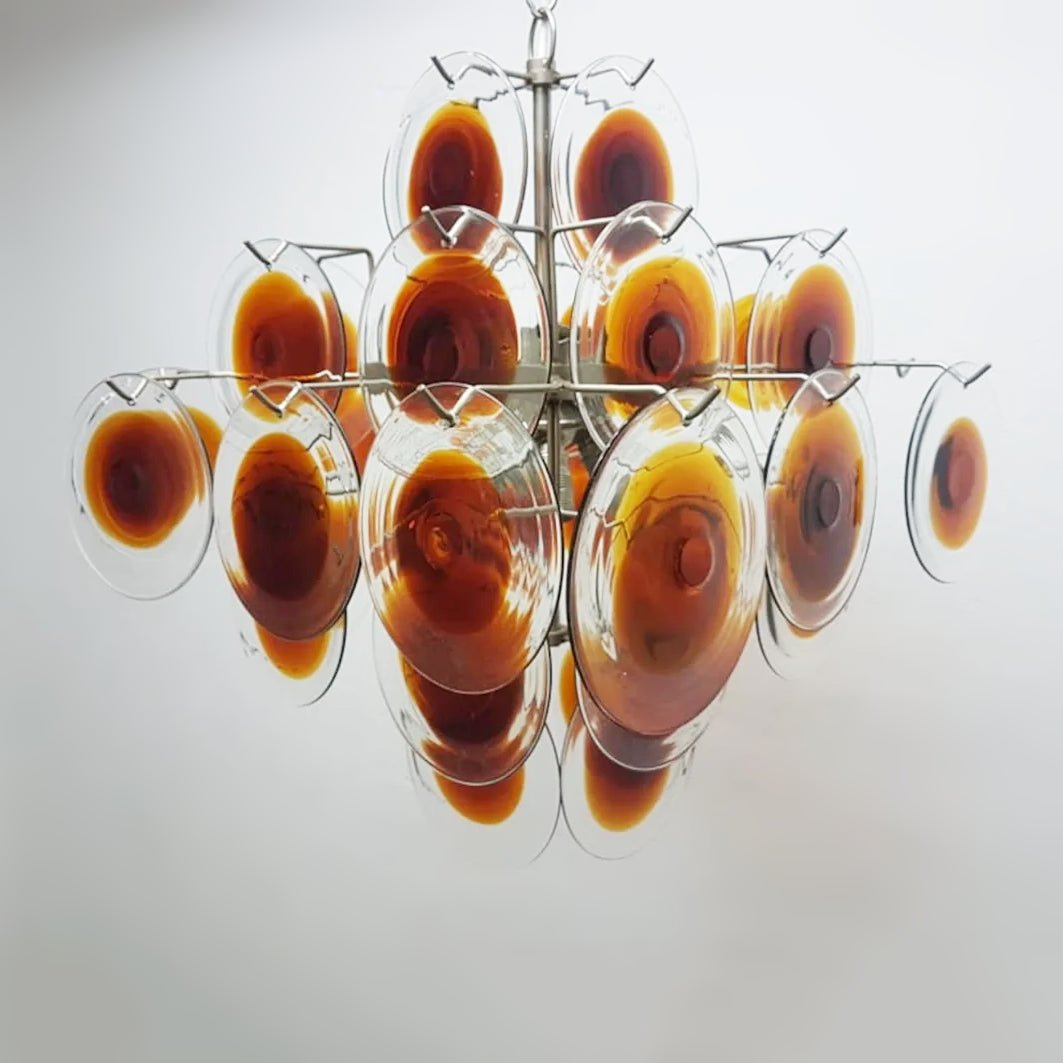 Mazzega Vistosi Style Hand-Blown Amber Glass Chandelier in Nickel