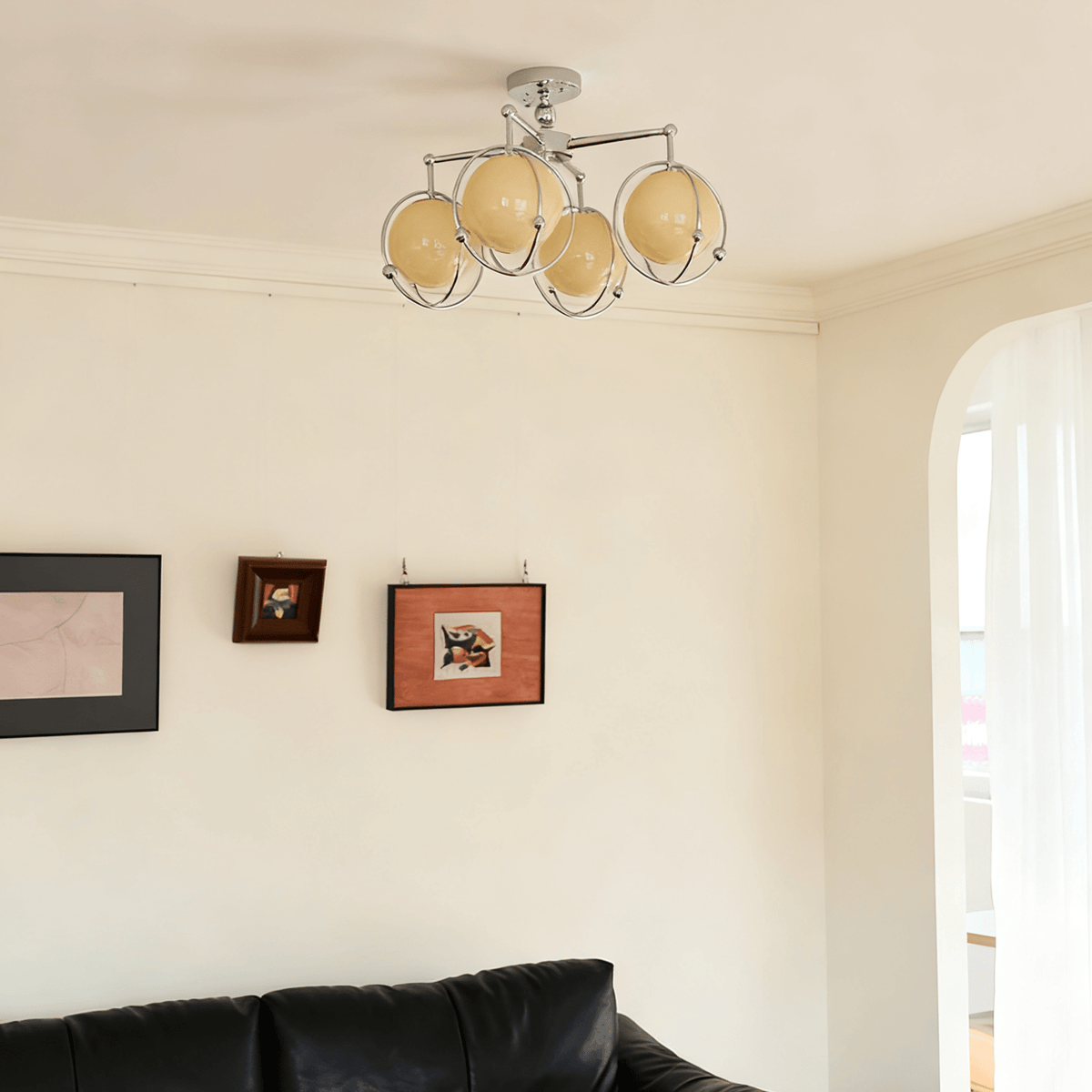 Orb Cage Semi Flush Ceiling Light in Chrome and Beige Glass