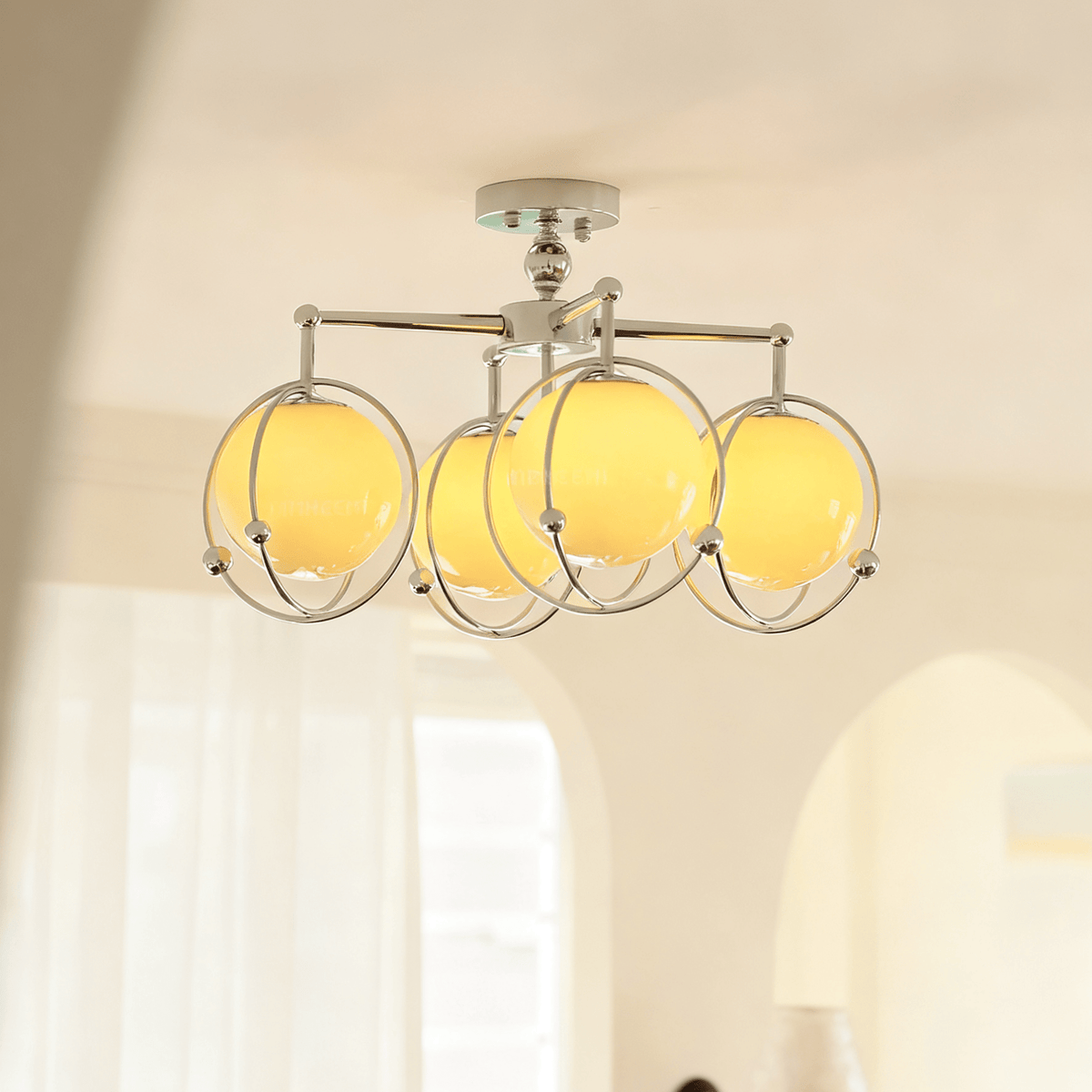 Orb Cage Semi Flush Ceiling Light in Chrome and Beige Glass