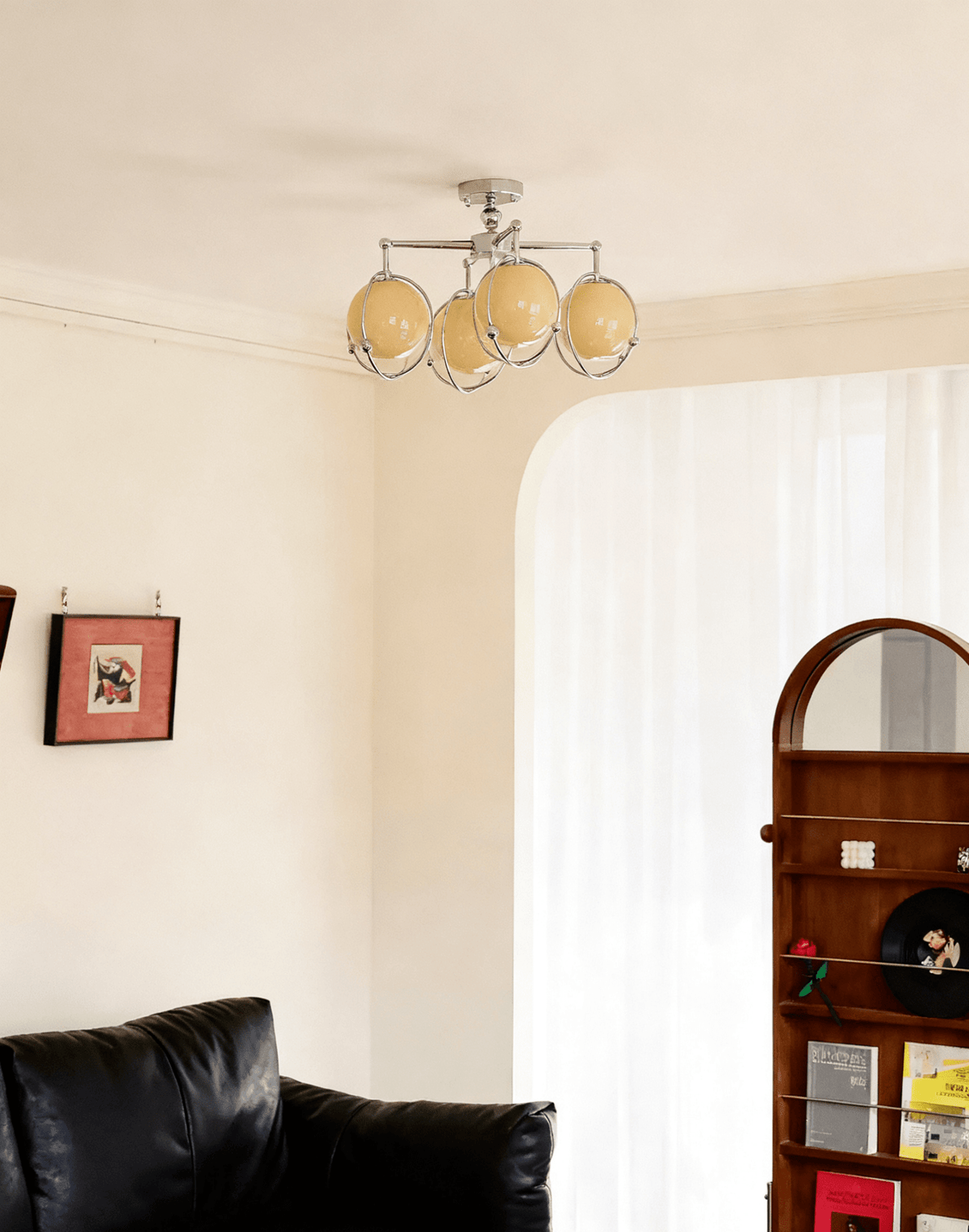 Orb Cage Semi Flush Ceiling Light in Chrome and Beige Glass
