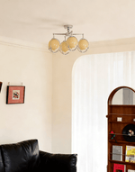Orb Cage Semi Flush Ceiling Light in Chrome and Beige Glass