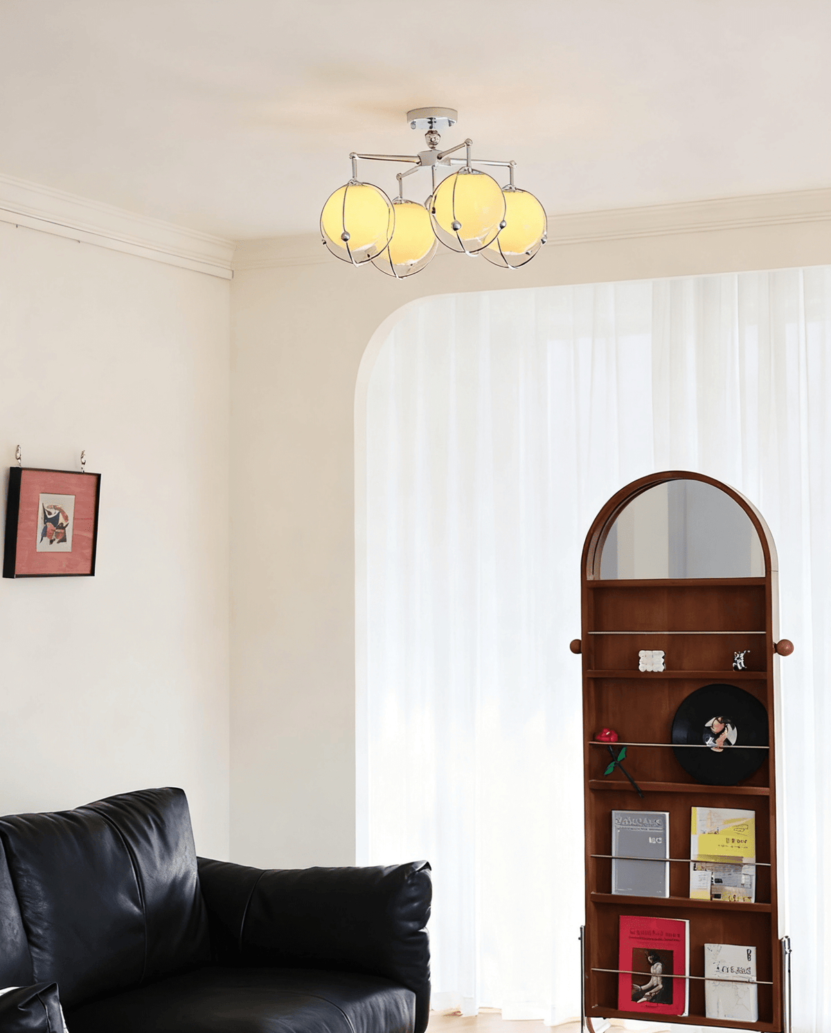 Orb Cage Semi Flush Ceiling Light in Chrome and Beige Glass