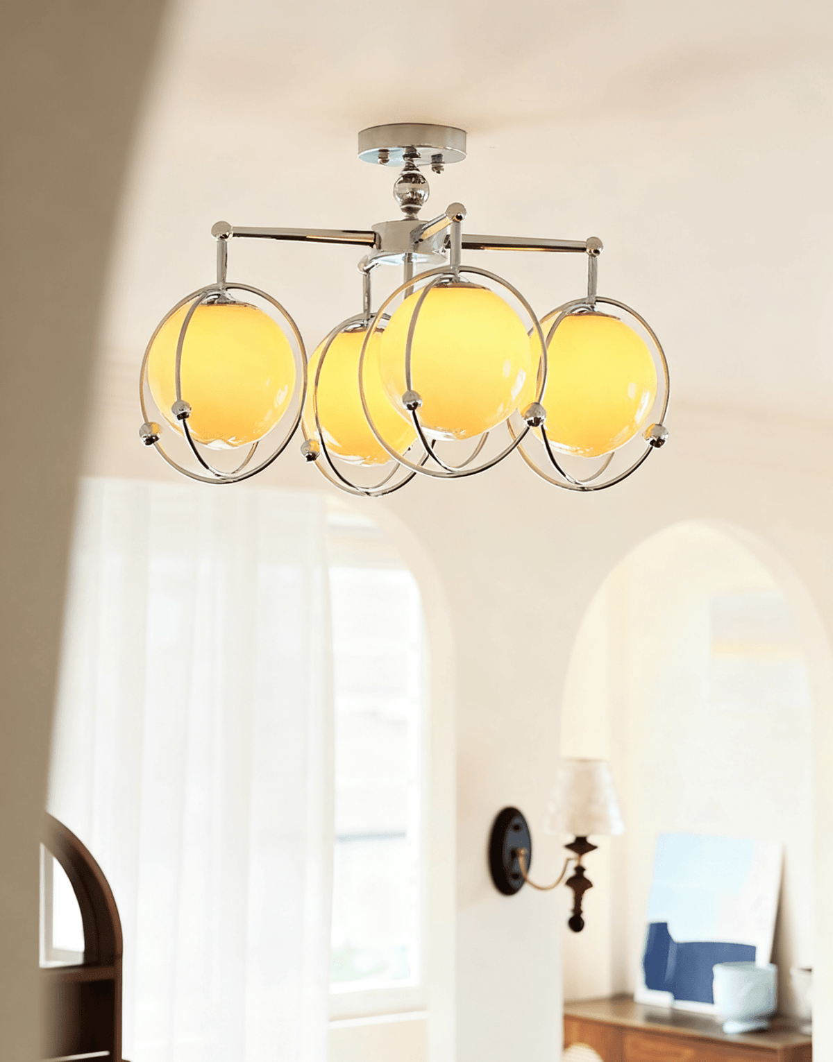 Orb Cage Semi Flush Ceiling Light in Chrome and Beige Glass