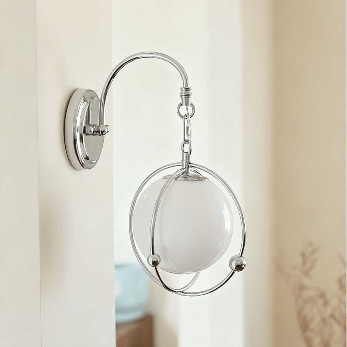 Orb Cage Semi Wall Sconce in Chrome with White Glass Globe