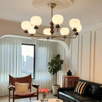 Orb Walnut Chandelier – Modern 8-Light Wood & Glass Pendant for Dining Room