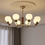Orb Walnut Chandelier – Modern 8-Light Wood & Glass Pendant for Dining Room