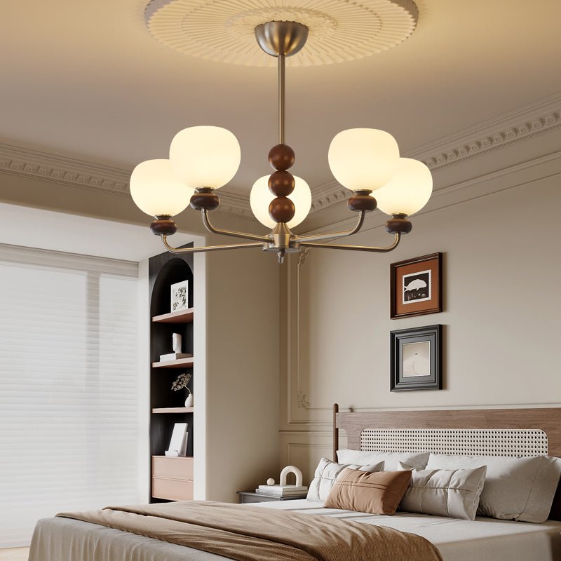 Orb Walnut Chandelier – Modern 8-Light Wood & Glass Pendant for Dining Room
