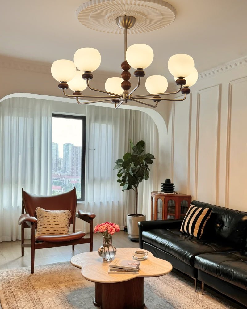 Orb Walnut Chandelier – Modern 8-Light Wood & Glass Pendant for Dining Room